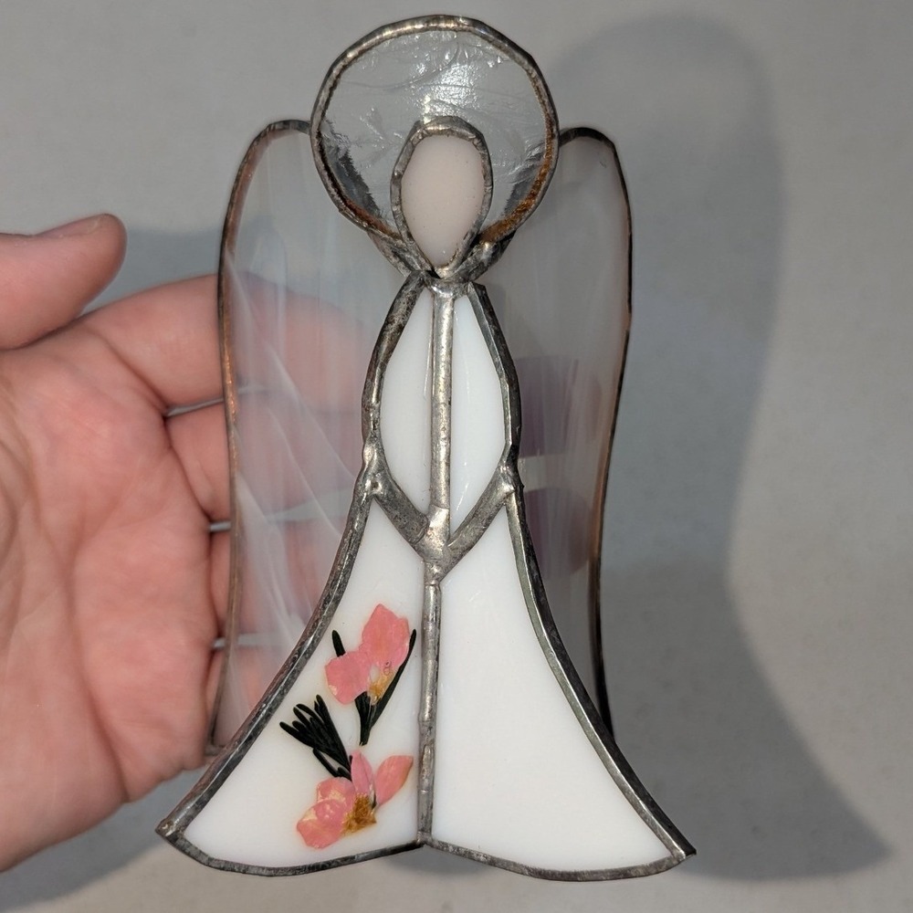 Stained Glass Angel Figurine Small 4.5" White Pink Floral Wings Decor